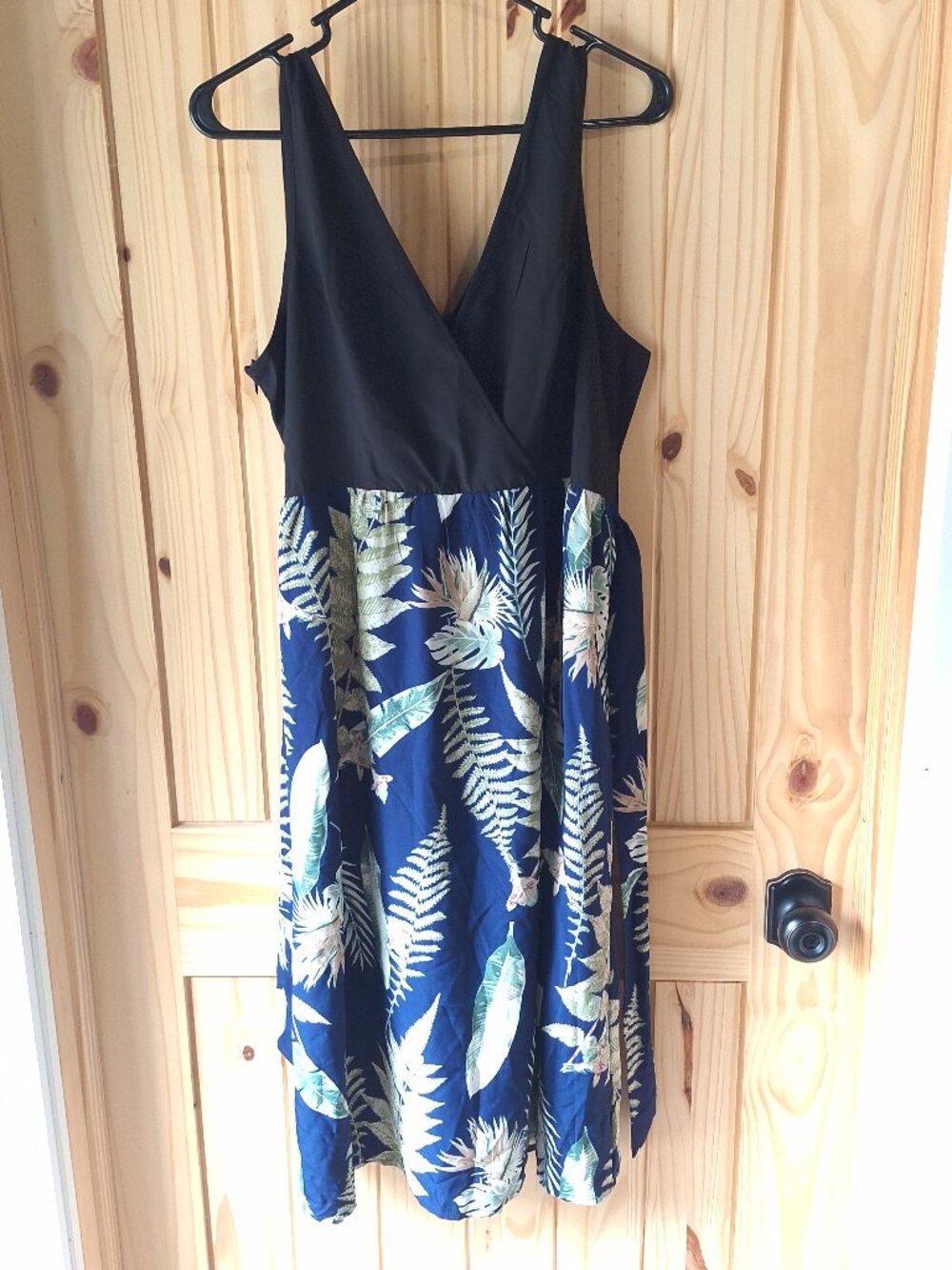 SHEIN Tropical Wrap Dress XL – Navy Palm Leaf Print Sleeveless Midi Dress with T